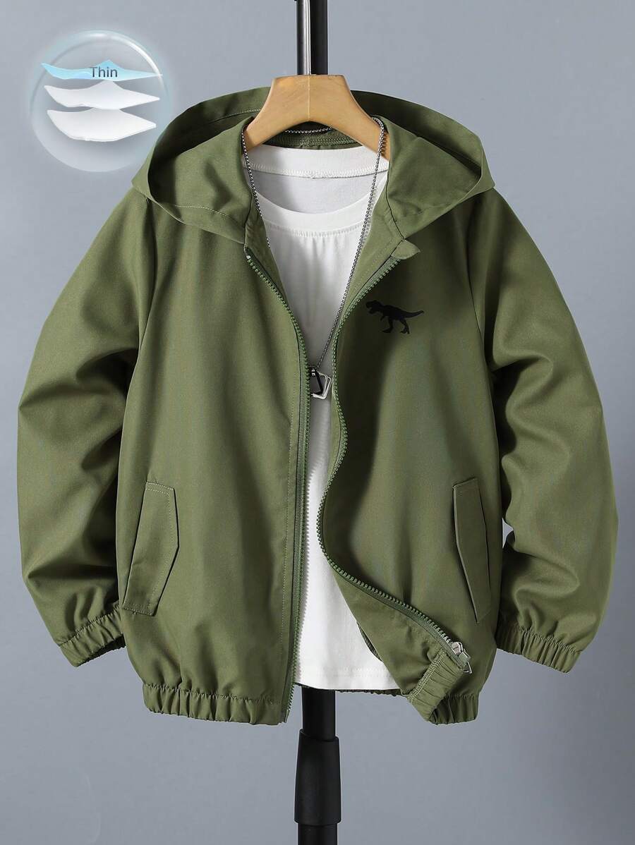 SHEIN Tween Boy Dinosaur Print Zip Up Hooded Jacket Without Tee Chic Outfits For Autumn/Winter - Green - View 1
