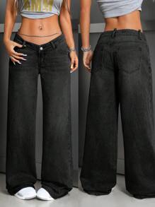 SHEIN ICON Pantalón de mezclilla casual sencillo con bolsillo y cierre con botones para mujer, ropa de ocio diaria - Negro - Ver 4