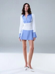 SHEIN Unity Color Block Stripe Spliced Oversized Cuff Long Sleeve Shirt Dress,Valentines Outfit - Blue - View 3