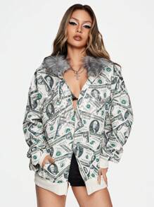 ROMWE Y2K Abby Street Fashion Forward Dollar Bill Print Bling Fuzzy Cap & Loose Women Sweatshirt