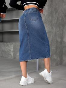 SHEIN PETITE Women's Casual Washed Denim Split Hem Skirt - Blue - View 2