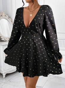 SHEIN Clasi Robe élégante à imprimé nœud col V profond, grande taille, automne - Noir - Voir 6