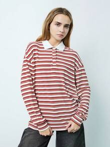 SHEIN Unity 1 Stück Damen Rot & Weiß gestreiftes Kontrast-Farbblock Loose Langarm T-Shirt, Vintage College Stil, Lässig für Herbst/Winter Grafik T-Shirts Damen Tops für Frühling - Verschiedenfarbig - Übersicht 5