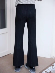 SHEIN Tween Girls Casual And Versatile Two-Pack Knitted Flare Pants, Suitable For Daily Wear,Black And Grey - Multicolor - View 4