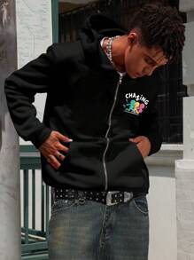 Manfinity Campus Court Áo hoodie dài tay in họa tiết đồ họa cho nam, mặc thường ngày - màu đen - Xem 3