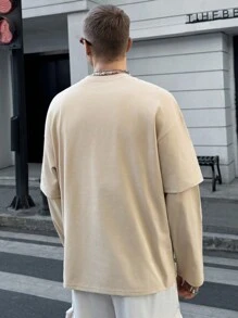 Manfinity VCAY Camiseta de manga larga casual y holgada de punto para hombre, uso diario de moda para jóvenes
