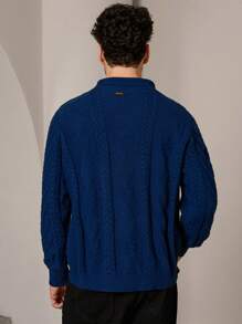 Manfinity VCAY 男士针织时尚休闲日常宽松半扣长袖毛衣，秋冬季，圣诞节 - 藍色 - 查看 2