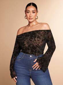 SHEIN BAE Bodyduit de encaje con estampado floral, de un solo hombro, acampanado y de efecto "transparente" para mujer talla grande, ideal para citas románticas, uso interior, elegante y sexy, perfecto para festivales