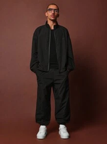 SUMWON Regular Fit Zip-Up Nylon Tracksuit And Jogger Pant 2 Piece Set - Black - View 1