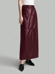 Ontre Women's 2025 New Spring Garment, Long A-Line Skirt In Burgundy PU Material, Back Slit, Suitable For Autumn, Elegant & Minimalist Daily