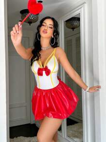 Vestido de noche con bloque de color y lazo para mujer, disfraz - Rojo - Ver 4