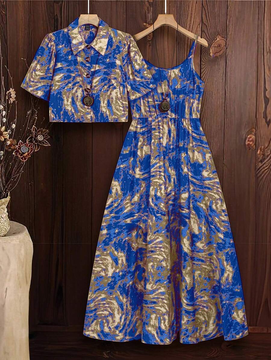 SHEIN Clasi 2 件套女士套装:花卉印花细肩带连衣裙和前扣长袖夹克 - 彩色 - 查看 1