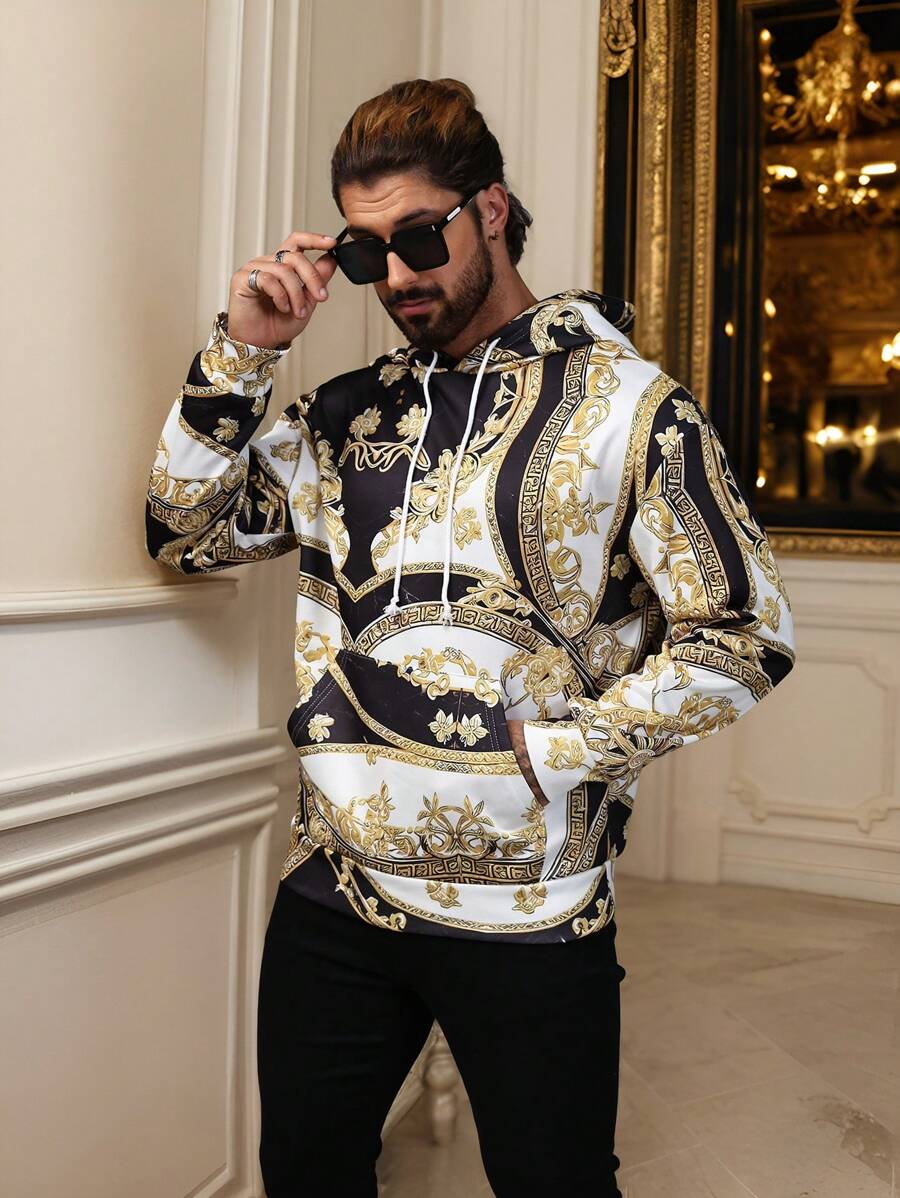 Manfinity AFTRDRK Men's Long-Sleeved Hoodie With Drawstring, Baroque Style, Retro Floral Print - Multicolor - View 1