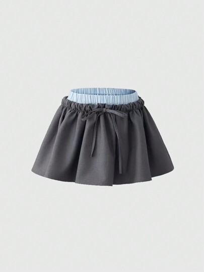 Gray Skirt With Dual Waistband Design, Low Waist Tie Front Mini Skirt, Versatile