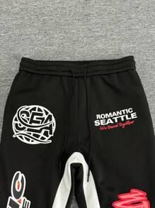 Manfinity Roghcode Manfinity Streetrush Men's Y2K Black Summer Streetwear City Break American Vintage Hip-Hop Graphic Print Drawstring Baggy Color Block Sweatpants - Black - View 7