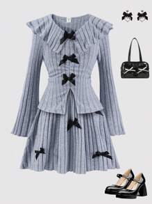 SHEIN Tween Girl Casual Ribbed Ruffle V-Neck Top And Bow Knot Skirt, 2 Pieces Set, Suitable For Daily Wear In Fall And Spring And Winter - Grey - View 1