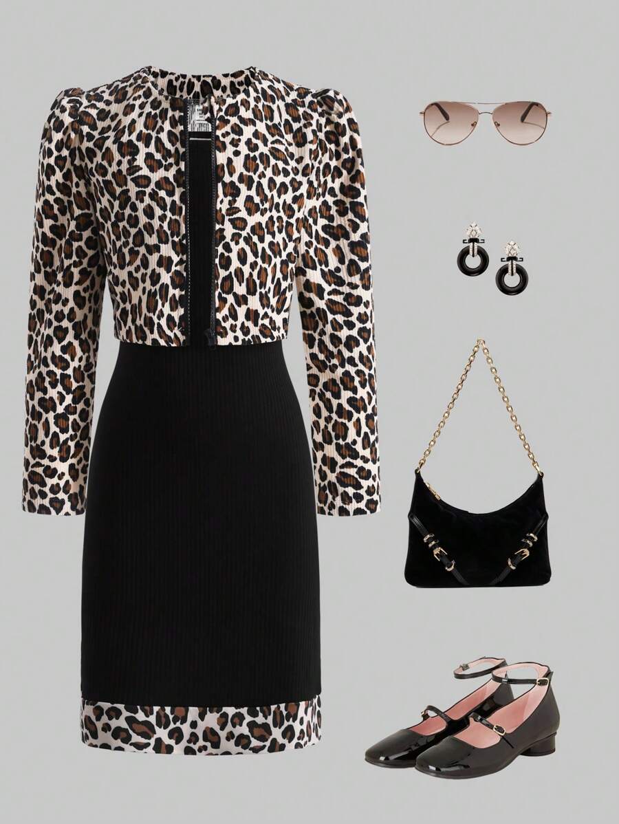 Teen Girls Leopard Print Puff Sleeve Jacket & Camisole Dress 2Pcs Outfit, Fashion Set For Autumn/Winter - Multicolor - View 1