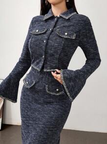 Modelyn 女式两件套纽扣前喇叭袖夹克和裙子套装 - 霧霾藍 - 查看 1