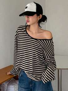 DAZY Camiseta suelta de manga larga y cuello en V a rayas simple para mujer, informal para uso diario
