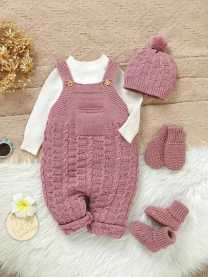 SHEIN Vintaside Kids Juego de 4 piezas para bebé niña: Camiseta de punto con tirantes, pantalones, gorro, guantes y zapatos en unicolor, para otoño/invierno
