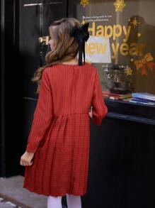SHEIN Vestido elegante de manga larga con pliegues para niñas preadolescentes, ideal para usar al aire libre y para ir y venir en otoño, primavera e invierno, Vestido rojo