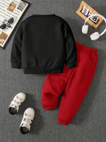 SHEIN 2pcs/Set Young Boy Casual Cute Colorblock Round Neck Pullover Sweatshirt + Fitted Waist Pants Knit Set, Suitable For School, Garden, Beach, Birthday, All Season (Spring, Summer, Fall, Winter), Fleece Thickened