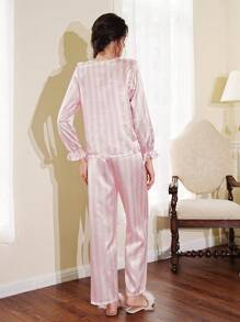 Côtesoire Elegant Striped Pattern Contrast Lace Women's Pajama Set