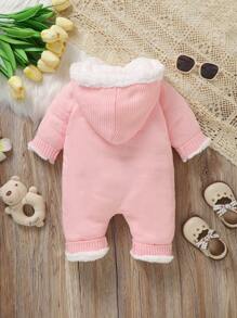 Baby Girl Front Button Fluffy Splicing Long Sleeve Casual Sweater Jumpsuit - Pink - View 2