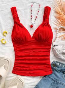Soleia 休闲浪漫度假纯色扭褶红色吊带背心圣诞节情人节新年 - 紅色 - 查看 4