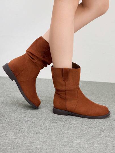 Women Short Boots, Mid-Calf Slouch Boots, Round Toe Flat Heel Valentine's Day