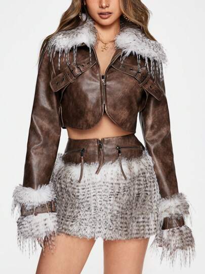 Kawaii Vintage Avant-Garde Autumn/Winter Y2K Fluffy Patchwork Super Short Jacket For Women