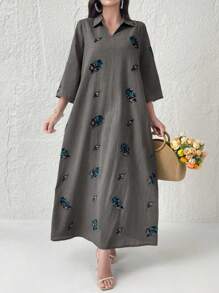 Al Najma Vestido casual con cuello bordado - Gris - Ver 7