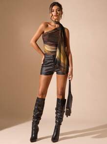 SHEIN BAE 女士不对称肩部修身褶饰网眼扎染印花衬衫 - 咖啡棕 - 查看 6