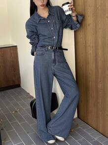 DAZY Women's Western Style Denim Outfit, Washed Denim Shirt And Flare Denim Pants Woman Denim Set,Fall Women Clothes - Medium Wash - View 9