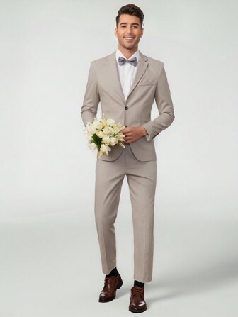 GENTILAND Men Solid Blazer & Pants Suit Set