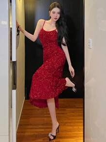 DAZY 秋季新款女士纯色亮片拼接无袖长裙舞会礼服 - 紅色 - 查看 6