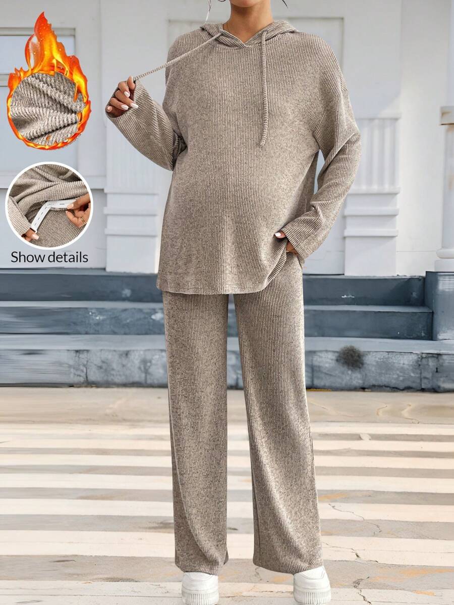 SHEIN 2 件套孕妇休闲纯色抽绳连帽长袖上衣和裤子套装，裤子套装，秋冬，孕妇装 - 卡其色 - 查看 1