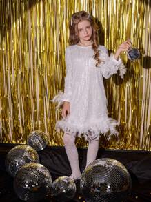 SHEIN Tween Girls Christmas Elegant And Feather Sequin Long Sleeve Dress, Perfect For Parties And Suitable For Fall, Spring, And Winter,White Dress,Party Dress
