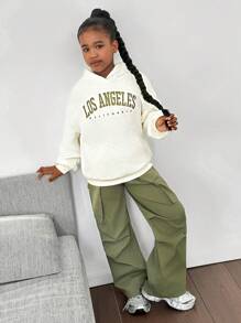 SHEIN Leap Crew Tween Girl 字母图案羊毛连帽衫，带口袋和罗纹裤 2 件套，休闲学院风，时尚，适合秋冬季