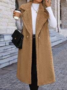 SHEIN Clasi Faux Shearling Button Up Sleeveless Long Coat - Brown - View 1