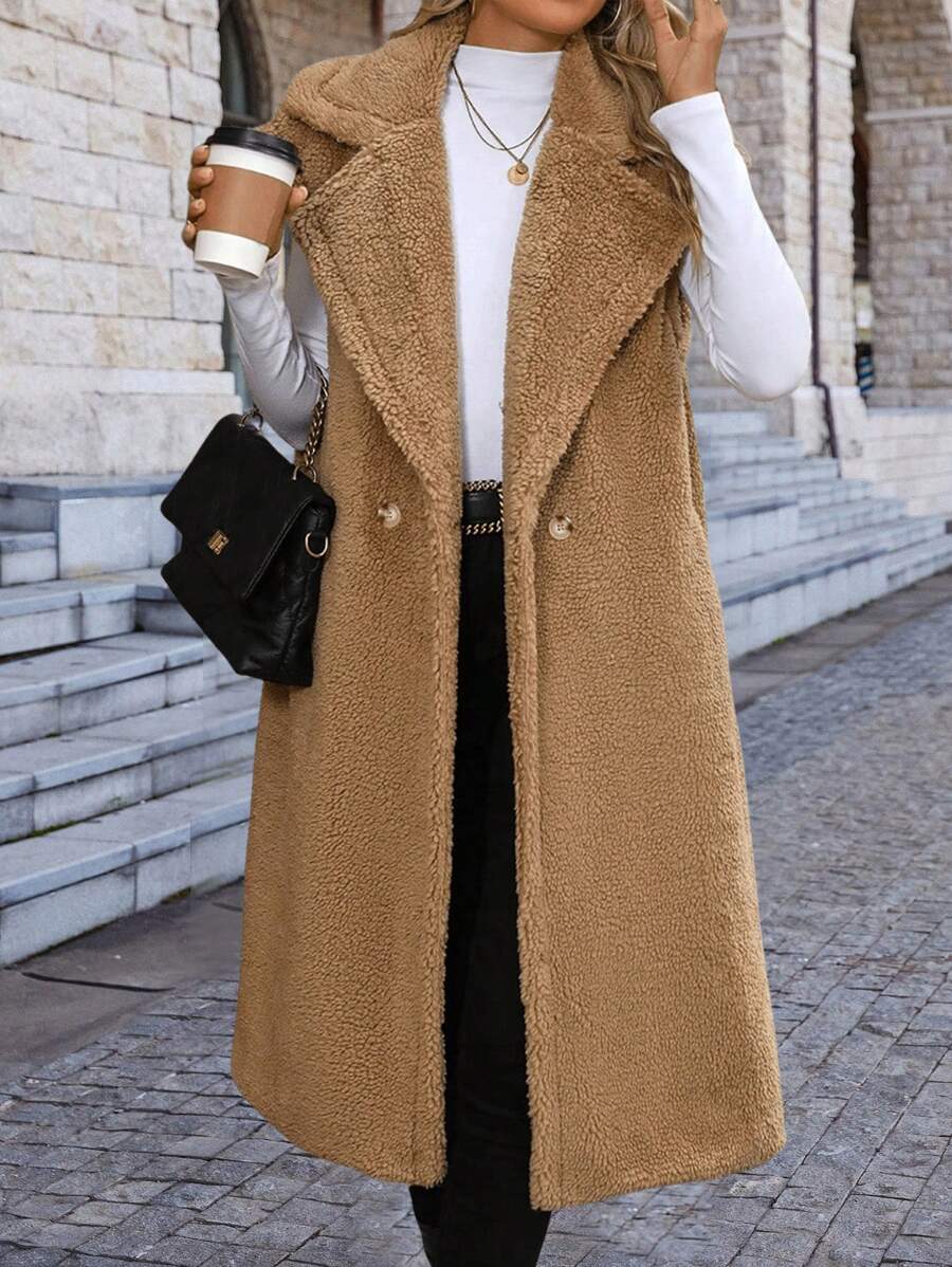 SHEIN Clasi Faux Shearling Button Up Sleeveless Long Coat - Brown - View 1