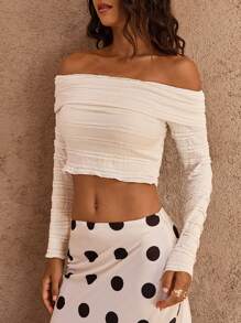 Opulessa Women's Solid Color Off Shoulder Long Sleeve Simple Casual Blouse, For Daily Wear