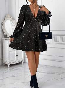 SHEIN Clasi Robe élégante à imprimé nœud col V profond, grande taille, automne - Noir - Voir 3