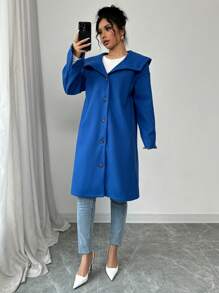 SHEIN Unity Women's Solid Color Long Sleeve Single-Breasted Long Casual Overcoat, Autumn/Winter - Blue - View 4