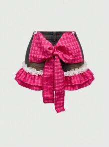 ROMWE Kawaii Gyaru 可爱蝴蝶结拼接女式牛仔 A 字裙 - 深灰色 - 查看 1