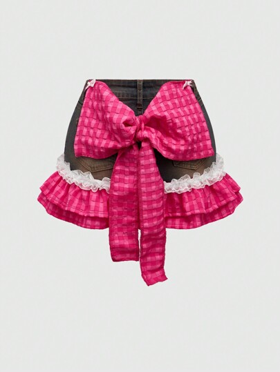 Kawaii Gyaru Cute Bow Patchwork Women Denim A-Line Skirt