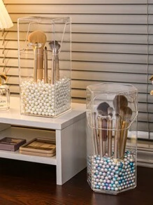 1pc Makeup Brush Holder With Lid,Dustproof Cosmetic Brush Organiser Storage Box,Minimalist Plastic Square Pen Holder And Makeup Brush Storage Bucket,Transparent Cosmetic Storage For Bedroom And Home Essentials,Display Cases Protect Brushes Storage (No Pearls)