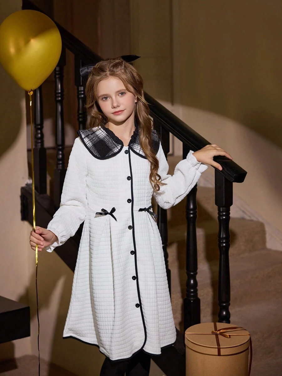 SHEIN Tween Girl White Long Sleeve Bow Cute & Comfortable Autumn/Winter Dress, Suitable For Party And Casual Wear, Sibling/Matching Outfits (2 Pieces Sold Separately) - White - View 1