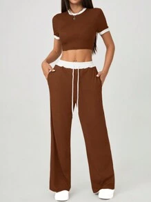 SHEIN PETITE 女士夏季性感撞色圆领短袖T恤+高腰系带长裤两件套