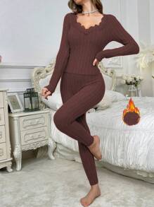 Conjunto de ropa interior térmica para mujer con cuello en V de punto de canalé de terciopelo y encaje